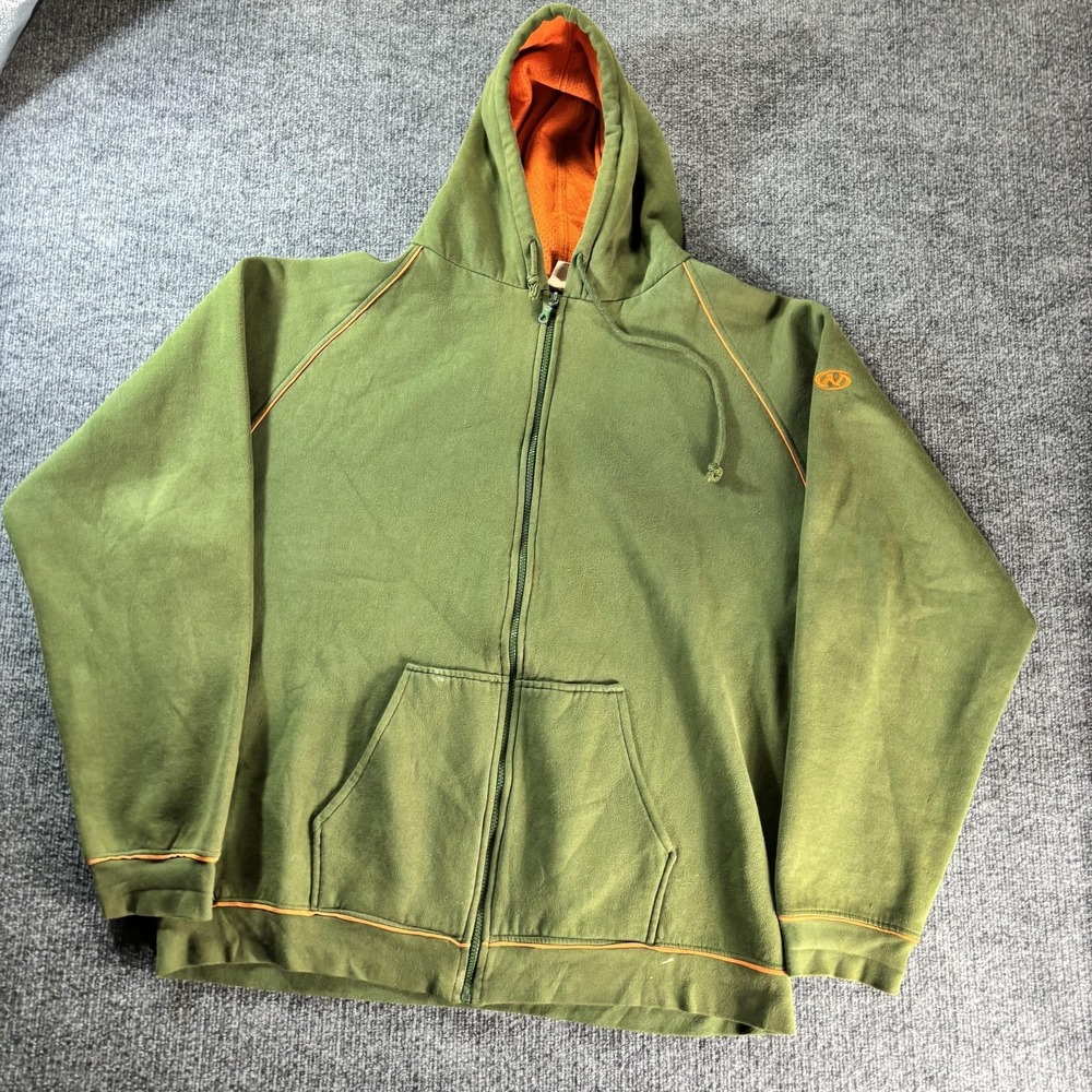 No Fear Hoodie Mens XL Green Full Zip Fleece Orange Lined Raglan Kangaroo Pocket